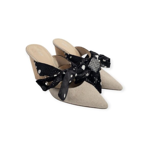 Botkier Hampton Ribbon Bow Mules With Polka Dots & Wooden Block Heels Linen - Picture 3 of 16